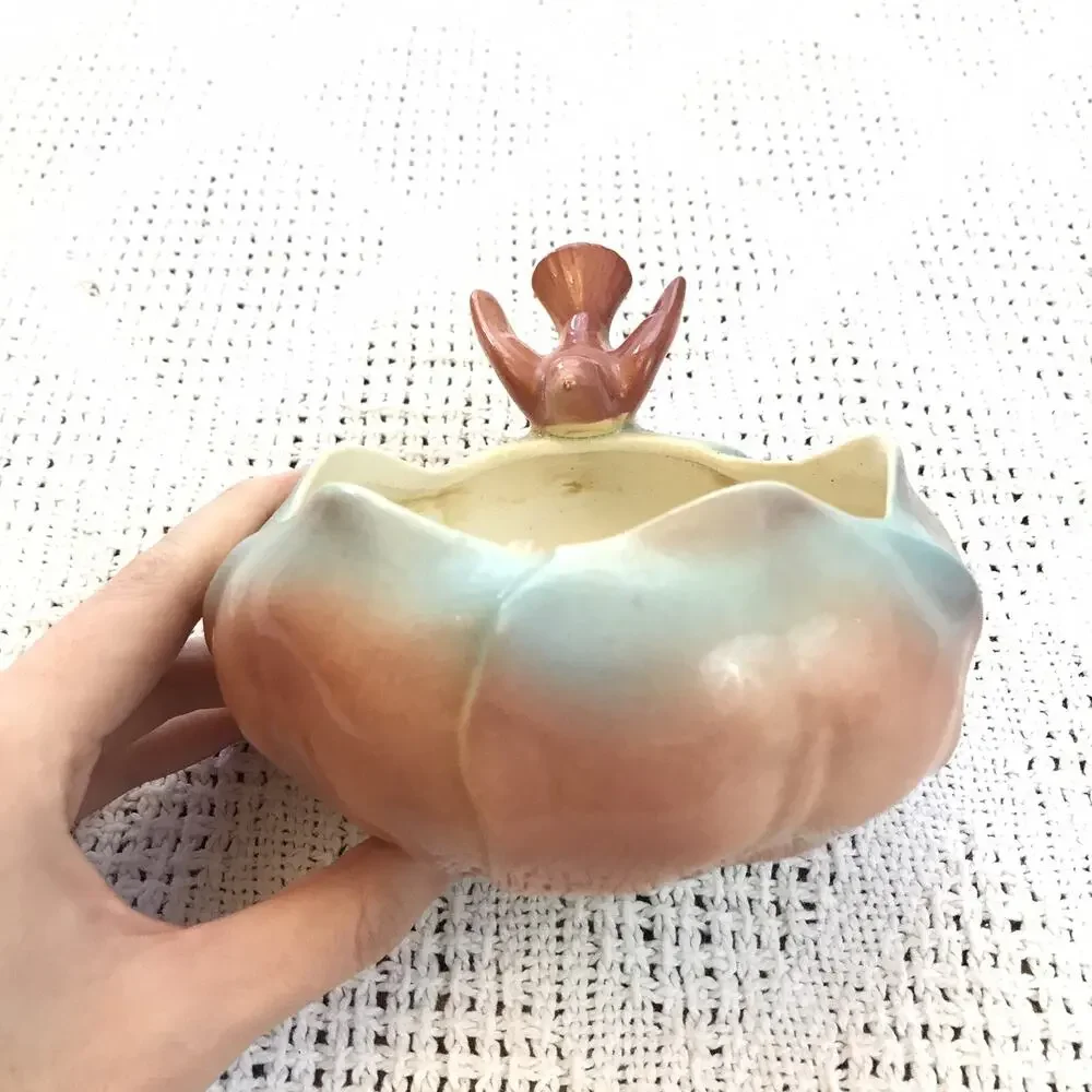 Bird Bath Planter Round Scalloped Rim Pink Blue Vintage Royal Copley 6in